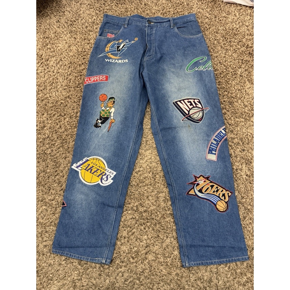 Vintage 90's Y2K NBA Teams Sewn Patches UNK Denim Designer Jeans Size 38x32 Rare